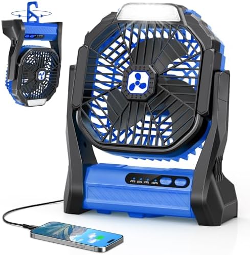 Ventilador portátil recarregável, ventilador de barraca de acampamento sem fio alimentado por bateria de 20.000 mAh com lanterna SOS e LED, pequeno ventilador externo operado por USB C para viagem