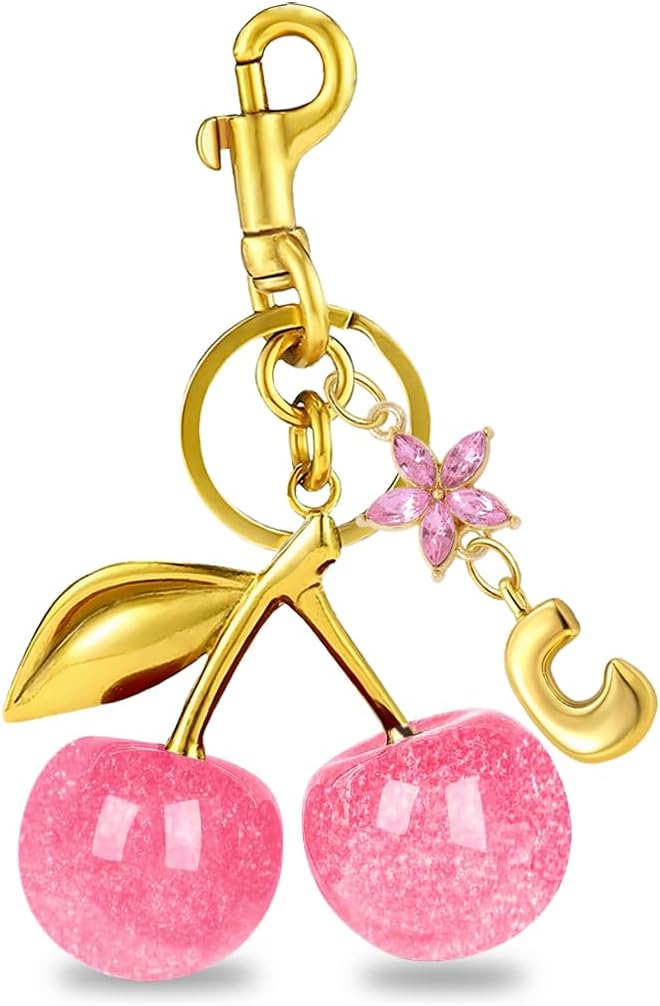 Pink Cherry Keychain with Initial Charm, Gold-Tone Bubble Letter Bag Accessory, Crystal Flower Purse Charm