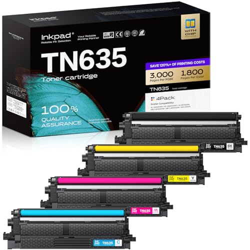 Image of iNKPAD TN635 Toner Cartridges 4 Pack Replacement for Brother High Yield | Compatible with HL-L8430CDW HL-L8570CDW MFC-L8970CDW MFC-EX575, 3000 Pages BK /1800 Pages Color, with Smart Chip