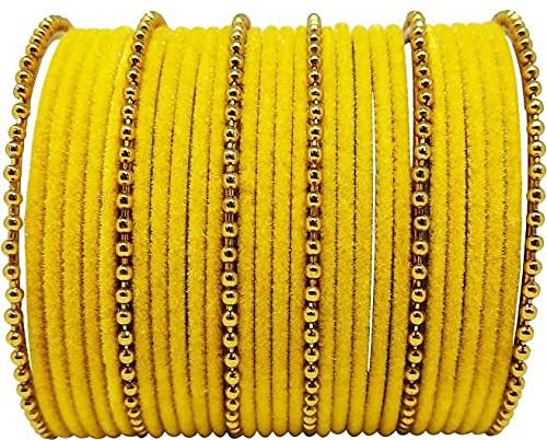 T4 Jewels Golden Beads Studded Glossy Finish Designer Velvet Metal Bangles Set For Women & Girls - (Set Of 1)_Yellow_2.10 (B09GNPGRCR) Amazon Price History, Amazon Price Tracker