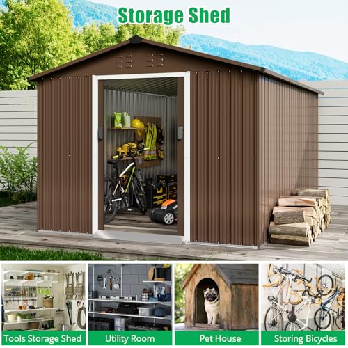 8x15 Ft Outdoor Storage Shed, Steel Utility Tool Shed with Sloped Roof & Lockable Door, Backyard Garden Patio Lawn Outdoor Shed for Storing Tools and Equipment in Yard, Brown