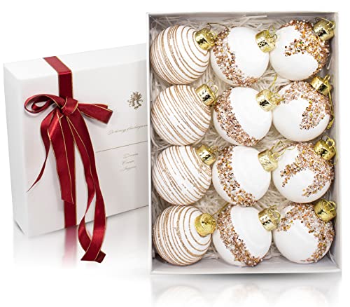 12Pcs Silk Christmas Ball Ornaments, Satin Christmas Tree Luxury Vintage Hanging Ornaments, Chrisma Home Decorations For Xmas Tree, Wreath Garland Decor, Wedding (White) #TOP14