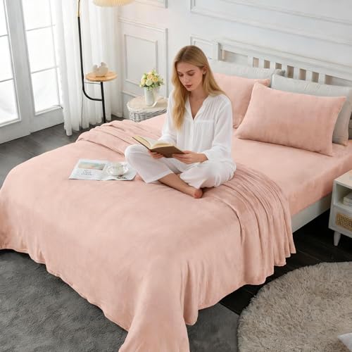Image of Viviland Plush Micro Fleece Queen Bed Sheet Set - Soft Fuzzy Polar Fleece Velour Velvet Sheets - Extra Warm Winter Fleece Bed Sheets with Deep Pocket - Pink - Queen | Soft Flannel-like Fleece, 100% Polyester, Fluffy Velvety Feel, 200GSM, 15 inch Deep Pocket, Warm Winter Gift & Decor