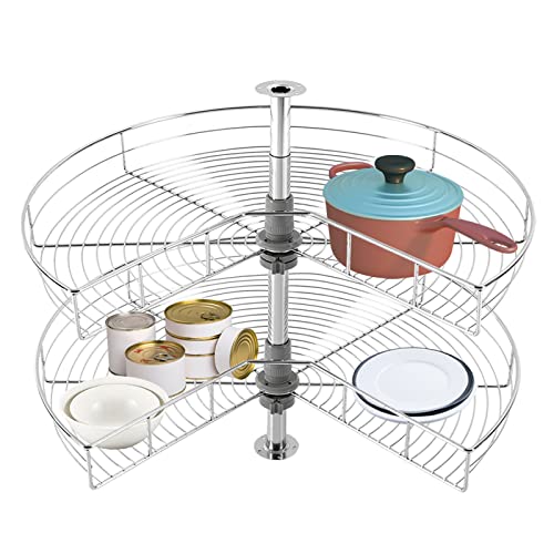 2 Tier Kidney-Shaped Lazy Susan, 28 Inches Rotating Turntable Storage Wire Trays for Kitchen Base Cabinet Blind Corner Storage with Telescoping Mount