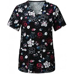 Ropa De Trabajo Artefo POLPqeD Trabajadores de Cuidado Mujer Casual Camiseta Manga Corta Cuello V Ropa de Trabajo Casaca de Printed Casaca Sanitaria Tops para Dentistas, Médicos, Veterinarios Blusa de Impresión, XL (P0331)