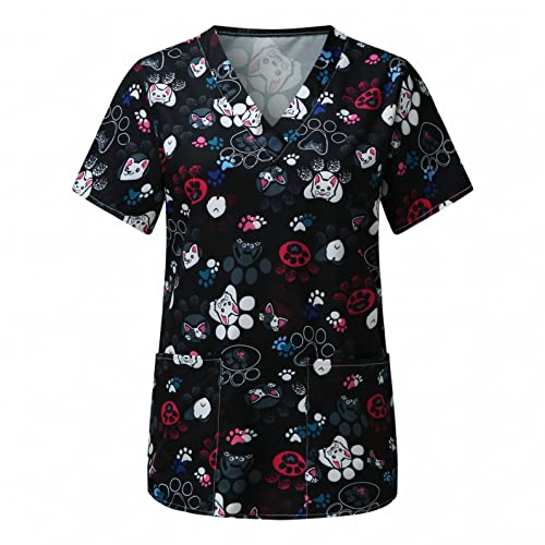 POLPqeD Trabajadores de Cuidado Mujer Casual Camiseta Manga Corta Cuello V Ropa de Trabajo Casaca de Printed Casaca Sanitaria Tops para Dentistas, Médicos, Veterinarios Blusa de Impresión, XL (P0331) Cover