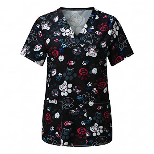 POLPqeD Trabajadores de Cuidado Mujer Casual Camiseta Manga Corta Cuello V Ropa de Trabajo Casaca de Printed Casaca Sanitaria Tops para Dentistas, Médicos, Veterinarios Blusa de Impresión, XL (P0331)