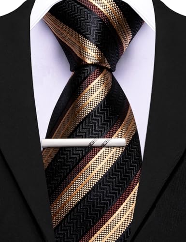 Image of Barry.Wang Silk Men Ties Formal Stripes Necktie and Tie Clip for Wedding Party Business Fashion Classic