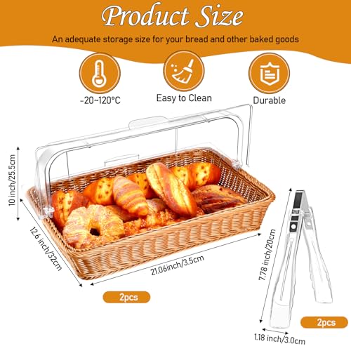 2 Set Bread Baskets for Serving with Clear Acrylic Roll Top Lid Kitchen Serving Tong Woven Wicker Bread Basket Large for World Baking Day Baby Shower Party Fruit Sourdough Display(21.06 x 12.6 Inch)
