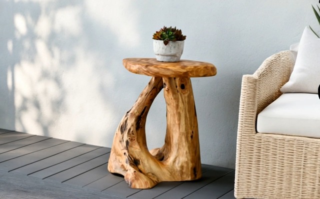 Rustic Teak Tree Stump Side Table Live Edge Stool Natural Wood End Table