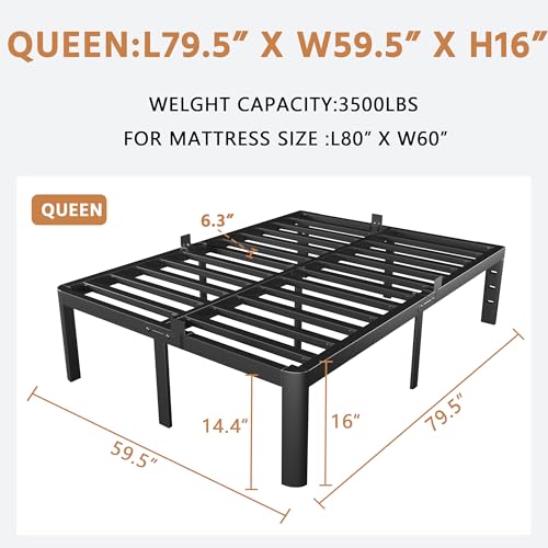 Image of Queen Size Bed Frame Black, 16 Inch Metal Queen Bed Frame No Box Spring Needed, DIY Headboard Holes, Heavy Duty Steel Support 3500 LBS, Noiseless, Round Corner Leg, Storage Space, Easy Assembly