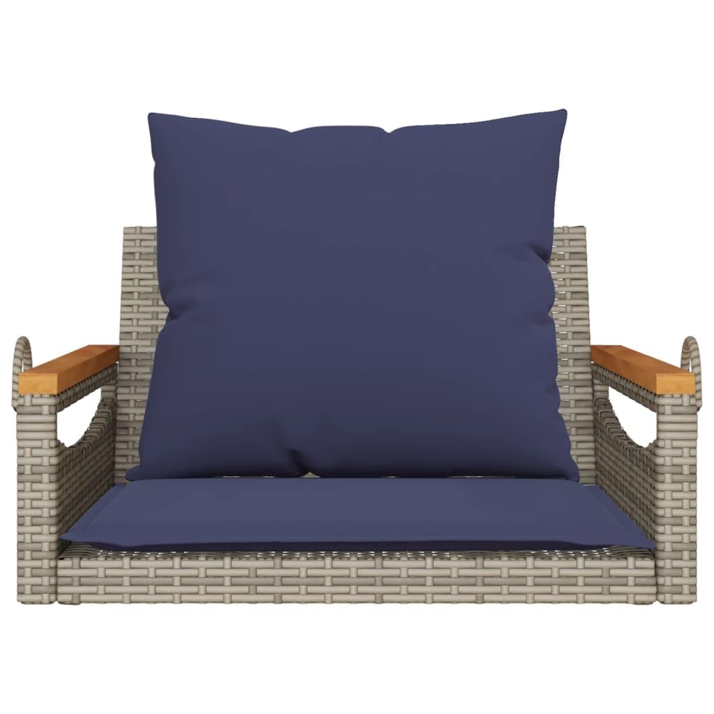 Hamaca colgante con cojín, gris, 63 x 62 x 40 cm, polirratán, resistente a la intemperie, banco balancín para jardín, balcón, terraza, con cómodos cojines y anillos de fijación para