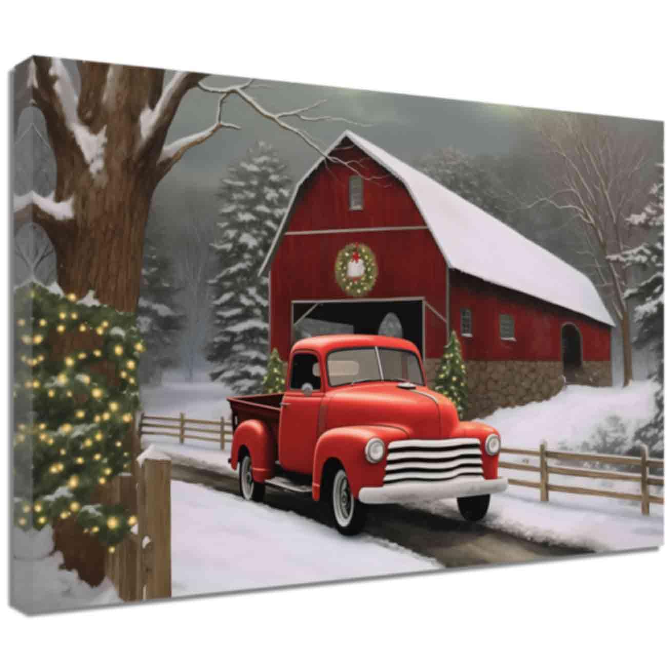 LMYSXAOZ Christmas Red Truck Canvas Wall Art Car Old Snowy Barn Picture Prints Winter Scene Painting Xmas Holiday Poster Decor Framed (Red,16.00" x 24.00")