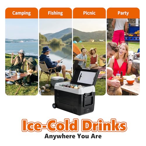 Image of OLIXIS Portable Car Refrigerator, 53QT Dual-Zone Electric Cooler for Vehicles with Wheels & Cutting Board, -4℉-68℉ Freezer Smart Control via Bluetooth, Battery Protection, 12 /24V DC & 100-240V AC