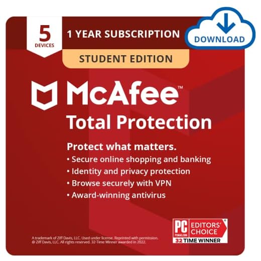 McAfee Total Protection 2022 Student Edition | 5 Device | Antivirus Internet Security Software | VPN, Password Manager, Dark Web Monitoring | PC/Mac/Android/iOS | 1 Year Subscription | Download Code - Prime Student Exclusive