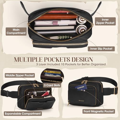 Image of RAINSMORE Fanny Packs for Women, Leather Belt Bag Waterproof Everywhere Crossbody Waist Pack with Adjustable Strap Retro Sling Chest Bag for Work Running Travel Party, Black