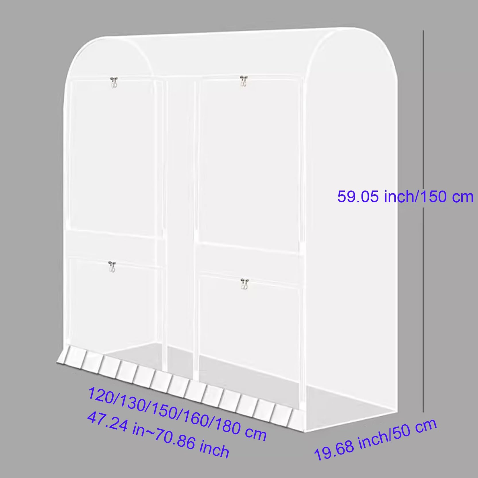 Funda Transpirable para Perchero de 1,2 m/1,5 m/1,6 m, a Prueba de Polvo, con Cremallera y 4 Ventanas Transparentes de PEVA, para Abrigos, Trajes y Vestidos (Blanco, 150 x 50 x 150 cm).