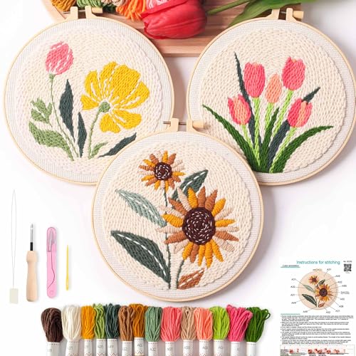 Image of REEWISLY Punch Needle Embroidery Starter Kits for Beginners Flower and Grass Patterns.3Ps Embroidery Hoops,Color Threads,Instructions and Needles,DIY Adults Embroidery, Video Teaching