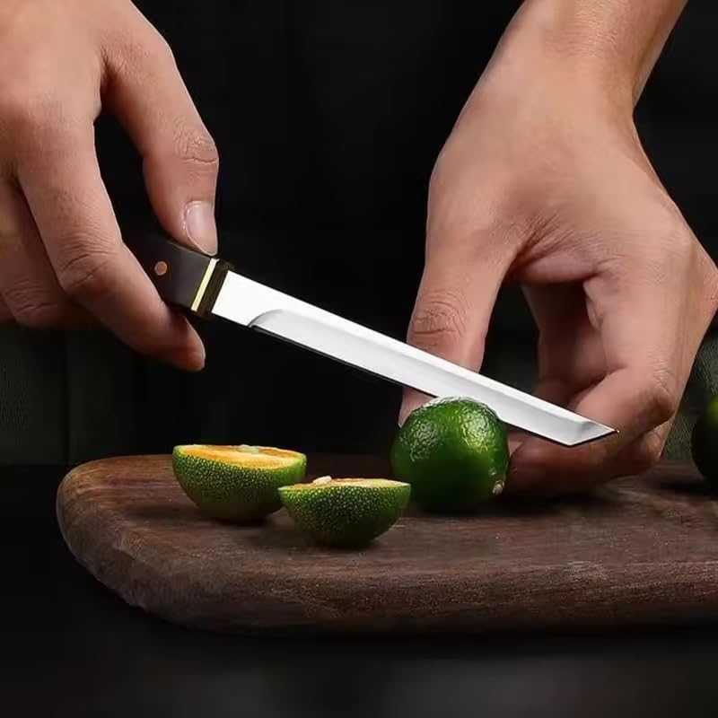 Image of Premium Japanese Style Mini Katana Kitchen Knife, Stainless Steel Blade with Ebony Handle, Portable Pocket Size with Sheath for Fruit Cutting, Vegetable Slicing, Camping, Restaurant Use