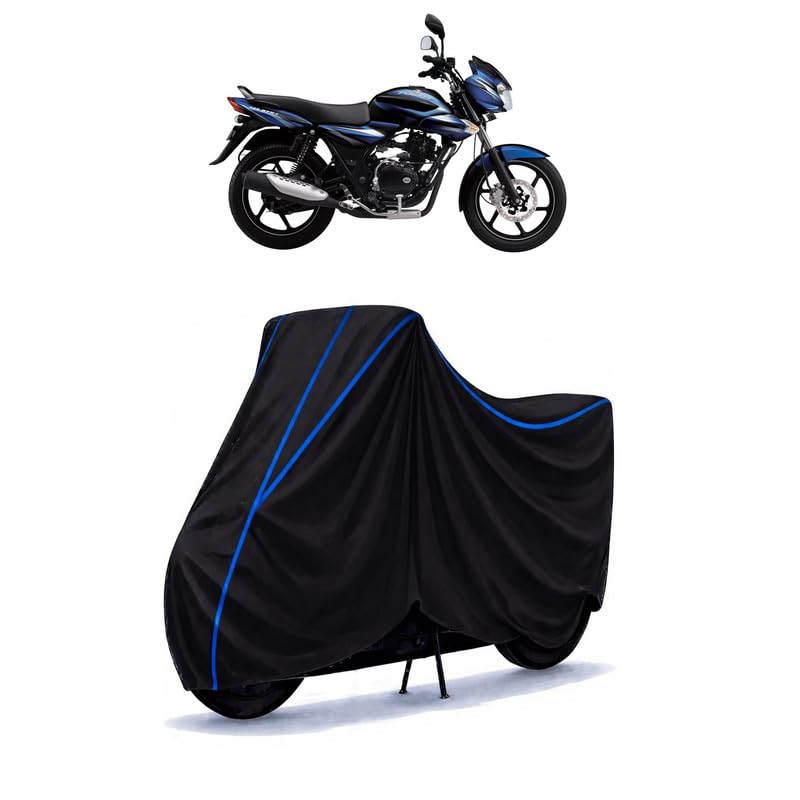 Image of Bajaj Discover New 125 CC Bike Cover Water Resistant Universal Motorcycle Rain | Heavy Duty UV Protection, Dust, Scratch Indoor Outdoor All Weather with Black Blue Piping Elastic