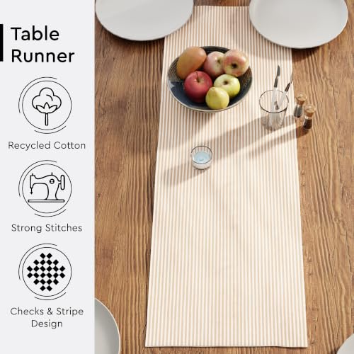 Image of Encasa XO Cotton Table Runner for 4 Seater | Size 13x36 in | Ticking Beige - Machine Washable & Durable