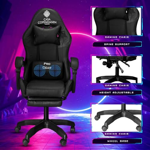 Image of Casa Copenhagen Designed in Denmark,High-Back Italian Leather Gaming Ergonomic Chair with Advanced Mechanism & Electric Back Massager, Memory Foam Seating & Multi Function Arm-Rest - Black & Black