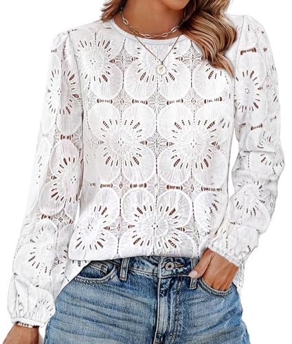 OFEEFAN Blouses for Women Dressy Casual Long Sleeve Shirts Flower Lace Tops Trendy Summer Outfits Fall Fashion 2025