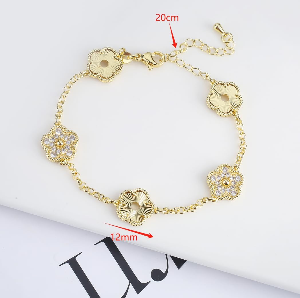 14K Gold Filled Clover Lucky Bracelet For Women - Double Sided Stone Plant Five Leaf Flower Adjustable Zircon Bracelet, Clover Bracelet, 4 Leaf Clover Bracelet (Gold - Clover Bracelet) - Image 4