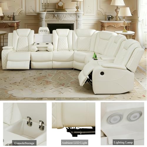 Image of Power Reclining Sectional Sofa Set - White Leather Couch with LED Lights, Storage Console, Cup Holders & USB Charging, Home Theater Recliner for Living Room