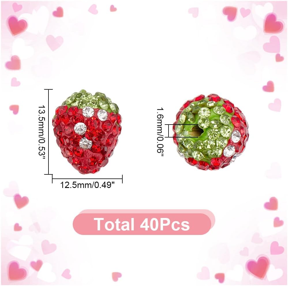 arricraft 40 Pcs Strawberry Rhinestone Beads, 3D Handmade Polymer Clay Red Green Fruit Beads Pave Disco Ball Beads Half Drill Spacer Beads for Bracelet Necklace Jewelry Making - Image 2