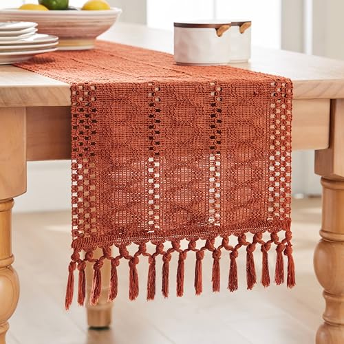Image of ZeeMart Macrame Style Boho Table Runner, 12x72 Inch Rust | Woven Boho Table Runner with Handmade Tassels, Crochet Hollow Table Scarf, Farmhouse Kitchen Home Decor Dresser Runner
