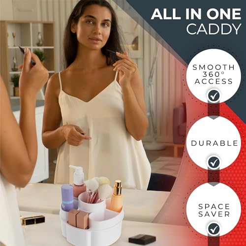 Image of Masirs Small 360 Rotating Makeup Organizer - Mini Yet Spacious Cosmetic Storage Solution with Multiple Compartments - The Perfect Spinning Make-Up Caddy for Vanity or Bathroom Counter (Round - White)