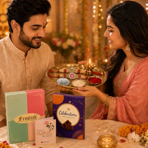 Image of Frostick For Brother With Chocolate Combo, Set of 2 Premium, Rakhi Gift Hamper /Ganesha Rakhi, Krishna for Bhaiya /Bhai /Bro with Small Celebration Chocolate Pack Pair