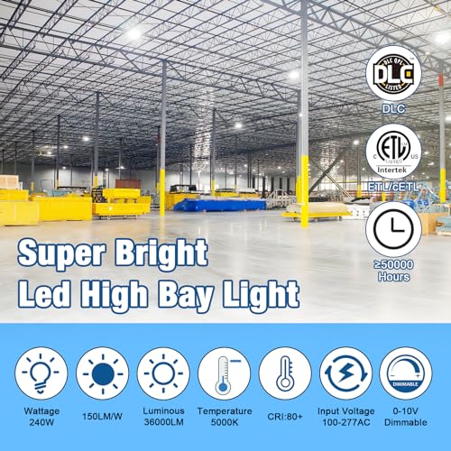 G GJIA LED High Bay Light Super Bright Dimmable AC100-277V 240W 36000LM 5000K DLC/ETL Listed Lights 6ft with US Plug High Bay LED Light Warehouse Shop Barn Garage (4 Pack) — view 3