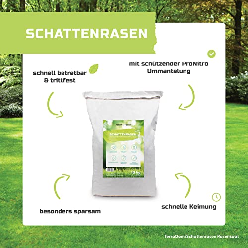 Foto von TerraDomi 3kg Schattenrasen Rasensamen | verdängt Moos | resistent gegen Staunässe | für beanspruchten Rasen | strapazierfähig durch Keimbehandlung | Rasensaat mit Grünfärbung