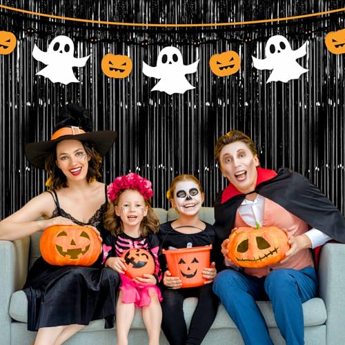 Image of 3 Pack Black Foil Fringe Curtains Backdrop, 3.28 x 9.8 Ft Metallic Streamers Tinsel Curtains Background for Photo Booth, Birthday, Halloween, Christmas, Thanksgiving, New Year Party Decorations
