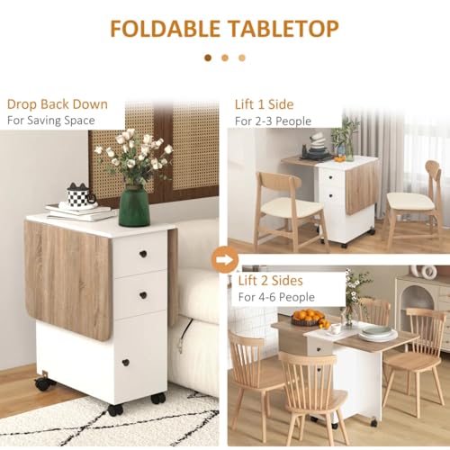 Image of TEKAVO Sora Foldable Dining Table with Storage Drawer Cabinet | Folding Space Saving Dining Table 4 Seater I Movable Table with 6 Wheels I White & Mile Oak I DIY.