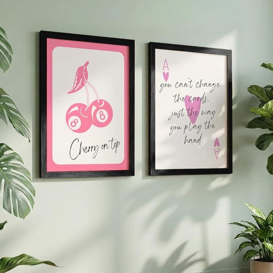 Image of NoWorries Pink Playing Cards Wall Painting Set | Cherry on Top and Ace Quote Art Prints | Aesthetic Card Theme Wall Decor | Premium 300 GSM Paper Print with Synthetic Wooden Frame | Modern Decor for Bedroom & Living Room (Set of 2) (BLACK, ART-4, 13X19INCHES)