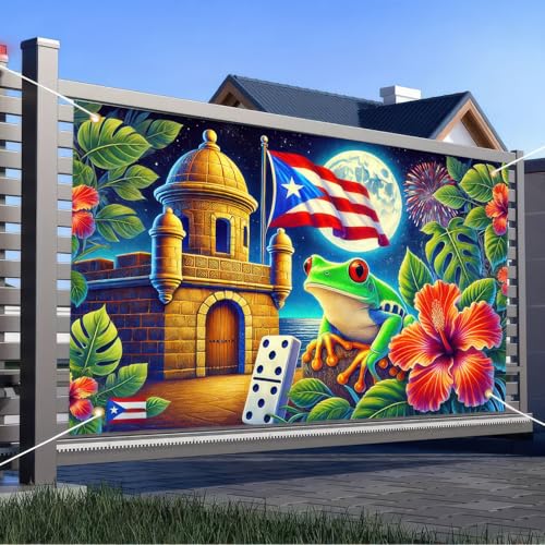 Image of BlissYard Puerto Rico Flag Frog Backdrop Banner 71x43 Inch Indoor Outdoor Party Decor Puerto Rico Events Festivals Wall Banner Hibiscus and Frog Design for Home and Events