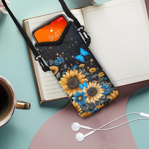 Image of Neoprene Phone Pouch Bag Shockproof Crossbody Phone Purse Bag with Detachable Adjustable Strap Travel Essentials Hands Free, Sunflower Blue Daisy Butterfly Sparkle Black