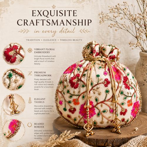 Image of Women's Multicolour Floral Embroidered Silk Potli Bag, Handcrafted Ethnic Drawstring Purse for Wedding, Party, Festive, Bridal