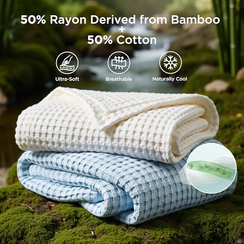 Image of Bedsure Cooling Cotton Waffle Queen Size Blanket - Lightweight Breathable Blanket of Rayon Derived from Bamboo for Hot Sleepers, Luxury Throws for Bed, Couch and Sofa, Light Blue, 90x90 Inches