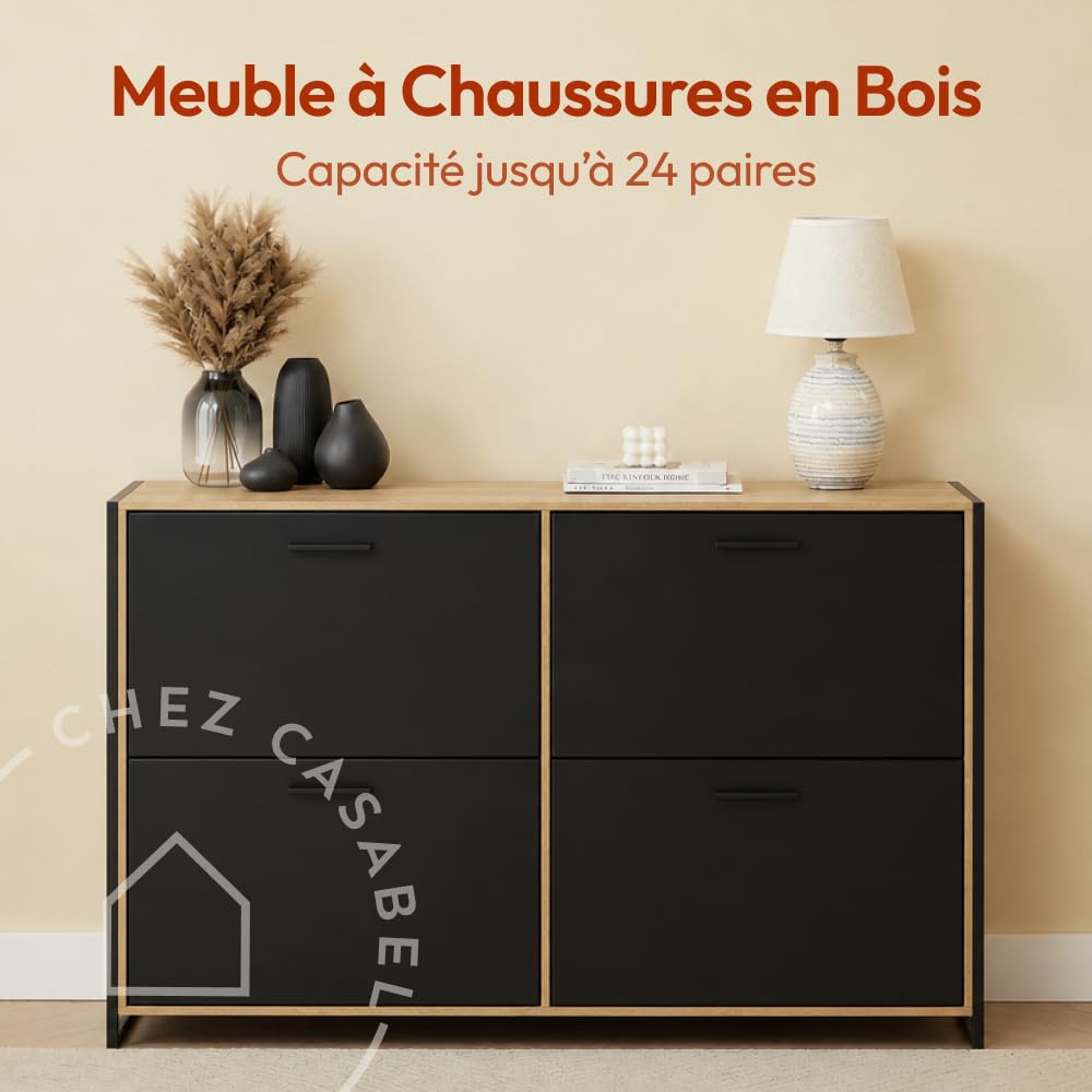 CASABEL Meuble de Rangement à Chaussure Industriel 24 Paires - Double Compartiment - Armoire Etagere Grande Capacité pour Entrée, Couloir - L114xP24xH83 cm - Portes Noires Cadre Bois Clair