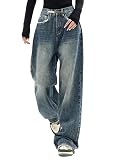 EMMIOL Baggy Jeans for Women Wide Legs Mid-Rise Waist Vintage Trousers Denim Blue L