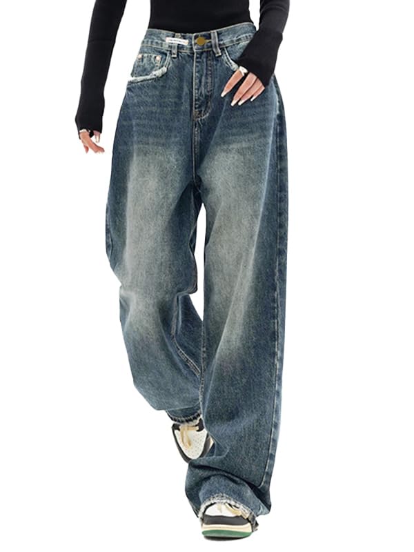 EMMIOL Baggy Jeans für Damen mit weitem Bein und mittlerer Leibhöhe Vintage Hose