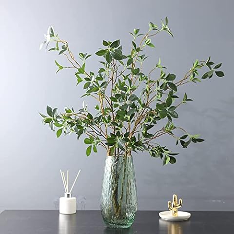 DULRLLY 3 Pcs Artificial Ficus Branches Leaf Spray, Faux Greenery Long Stems 44.5 Inch Tall Ficus Twig Fake Plastic Plant for Floral Arrangements Home Office Decor Vase Filler Cover