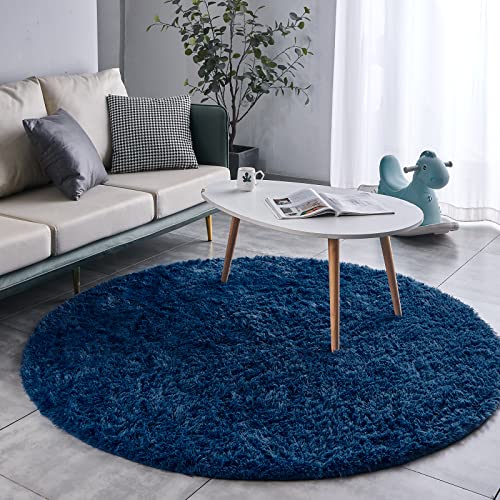 Fjzfing Navy Blue Round Rug Ultra-Soft Plush Modern 7X7 Circle Area Rug For Kid's Bedroom, Fluffy Shag Circular Rug For Nursery Room, Non-Slip Home Decor Cute Navy Blue Carpet For Teen's Room #TOP1
