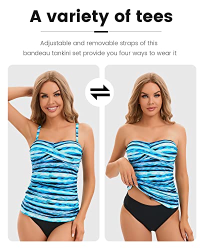 Image of Shuangyu Women's Twist Front Bandeau Tankini Set Two Pieces Ruched Tummy Control Suimsuit with Mid Waist Briefs