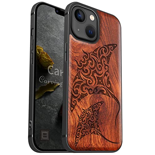 Carveit MagSafe (マグセーフ) 対応 iPhone 13 mini ケース 木製, 天然木+TPUシリコンツーインワン, アイフォン13mini(5.4インチ)ケース磁気内蔵, レーザーアート彫刻 (ローズウッド-ポリネシアスタイルのマンタ