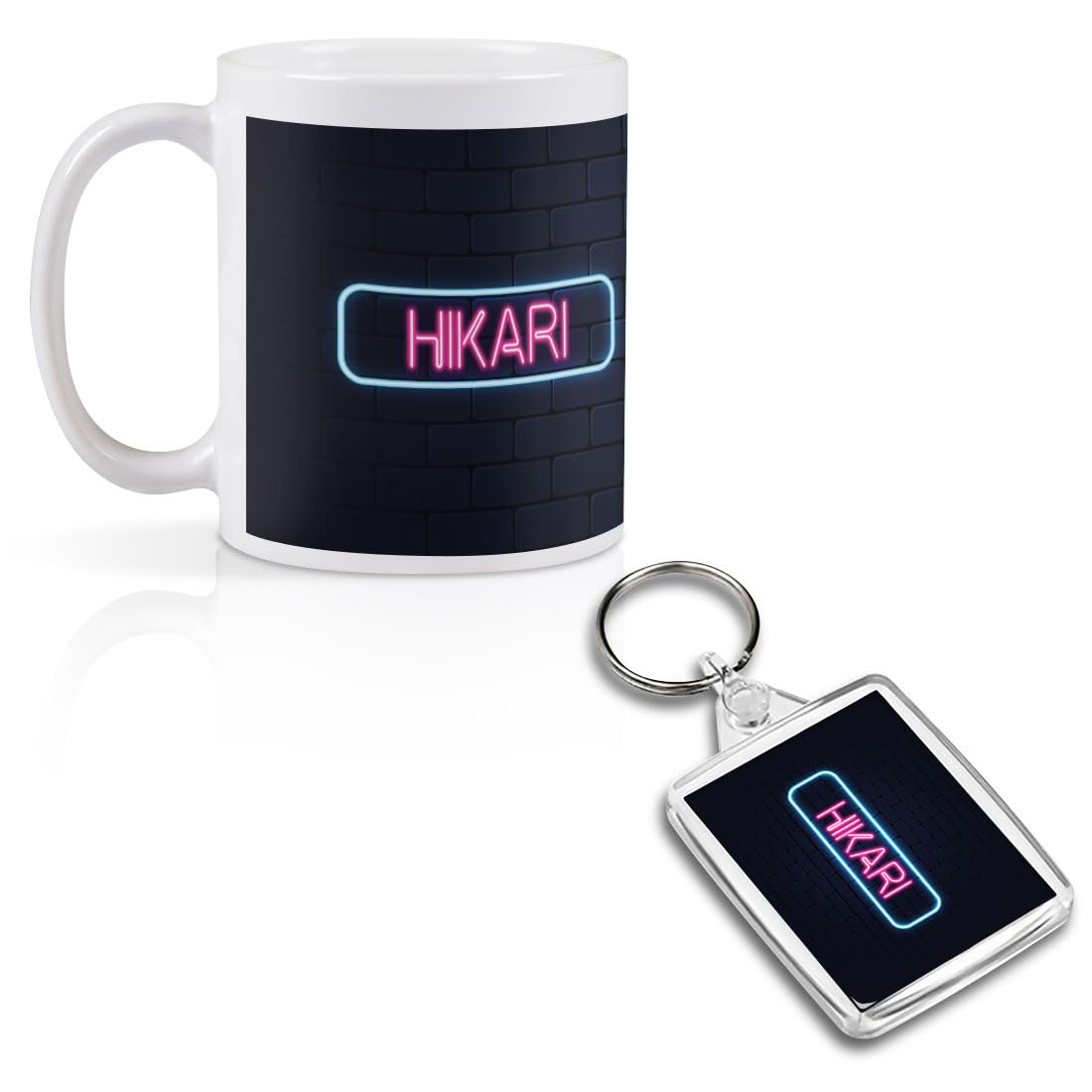 1 White Ceramic Mug Cup (11oz / 284ml) with 1 x Rectangle Keyring Neon Sign Design Hikari City Japan Matching Set for Coffee Tea Drinks Kitchen #351540